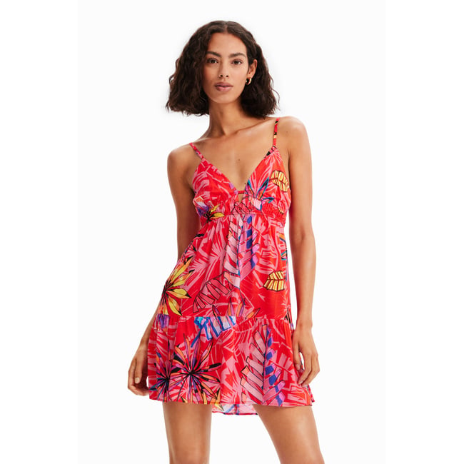 Robe courte découpes tropicale orange <span itemprop=