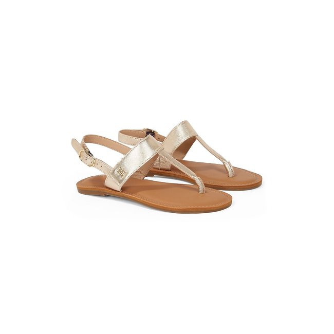 Flache Flip-Flop-Sandalen aus Leder goldfarben <span itemprop=