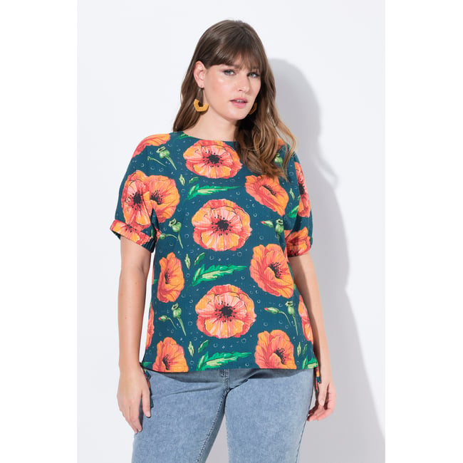 Top blouse, coquelicot, col rond pétrol <span itemprop=