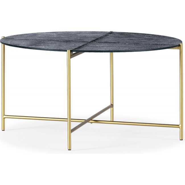 Table basse en verre et métal, design sablé Couleur bleu sable finition dorée éclatante <span itemprop=