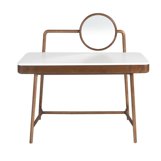 Bureau coiffeuse en noyer avec plateau en bois et miroir Couleur blanc | noyer <span itemprop=