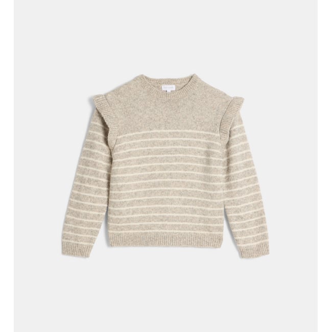 Pull verveine à froufrous écru et beige <span itemprop=