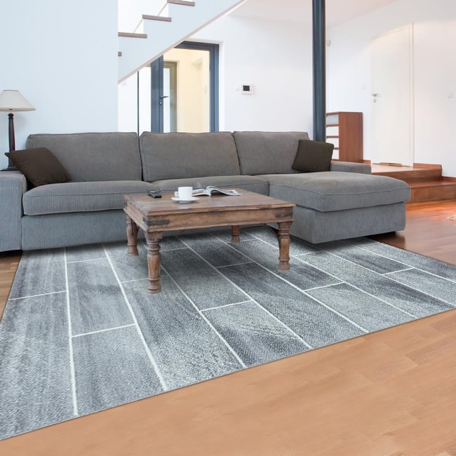 Tapis salon et chambre tissé motif géométrique OMEGOU Couleur gris, blanc <span itemprop=