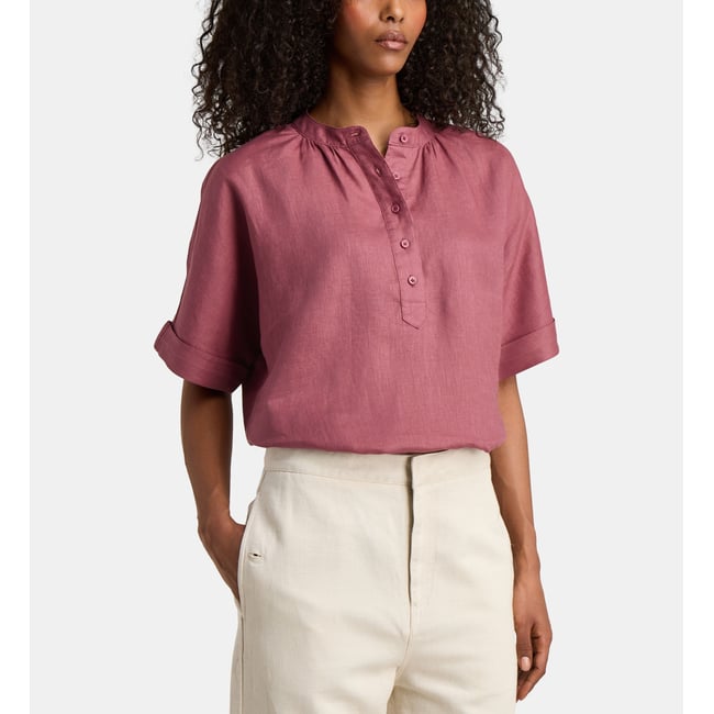 Top nalicia à manches courtes en lin rose foncé <span itemprop=