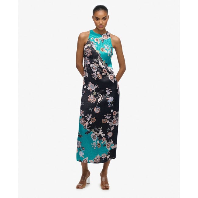 Robe longue en jacquard Racer bleu sarcelle à fleurs eriko <span itemprop=
