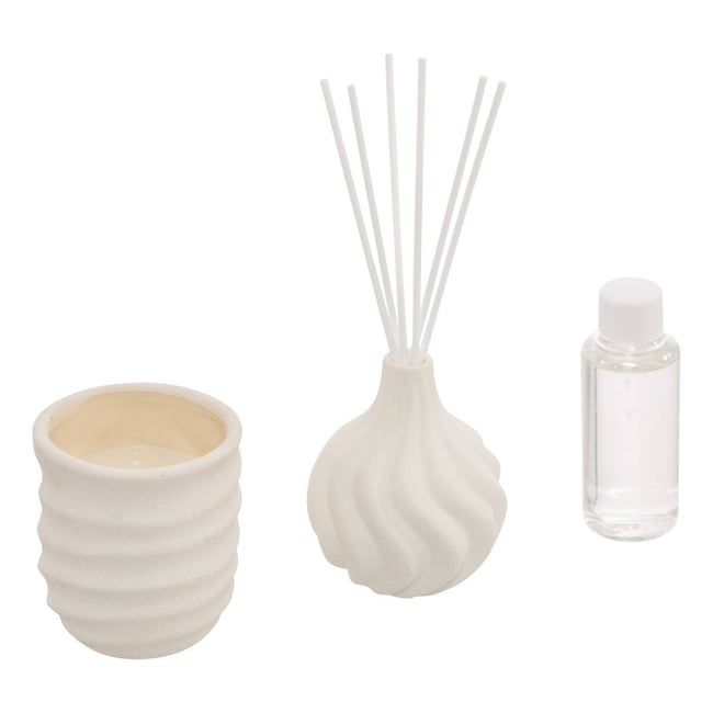 Coffret senteur bougie et diffuseur en grès FERNAN Couleur blanc <span itemprop=