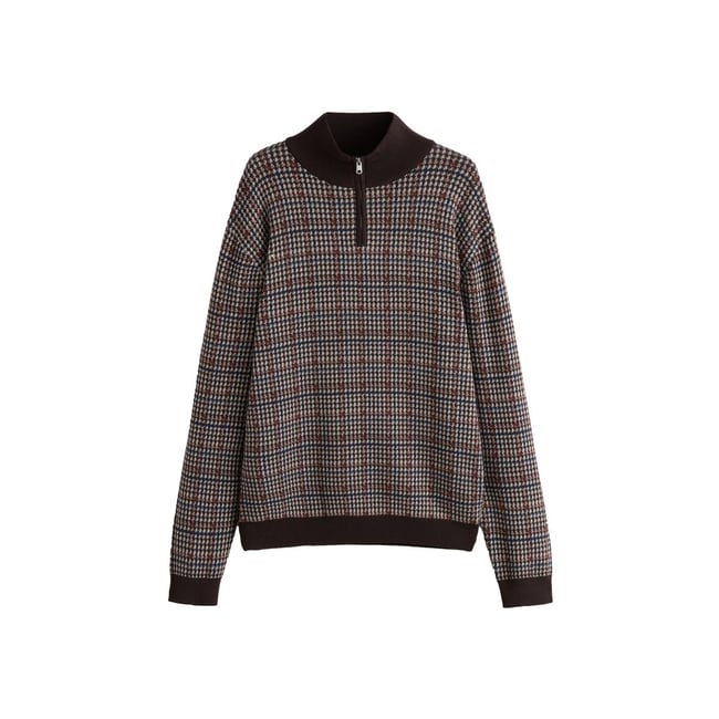 Pull à col zippé et carreaux marron <span itemprop=