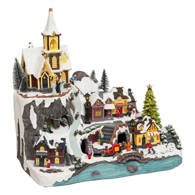 Village lumineux église et train 34 LED avec mouvement SARKA Couleur multicolore <span itemprop=