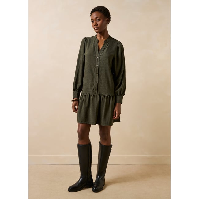 Robe courte manches longues en flanelle kaki <span itemprop=