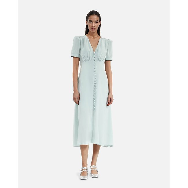 Robe longue manche courte boutonne devant vert d'eau <span itemprop=