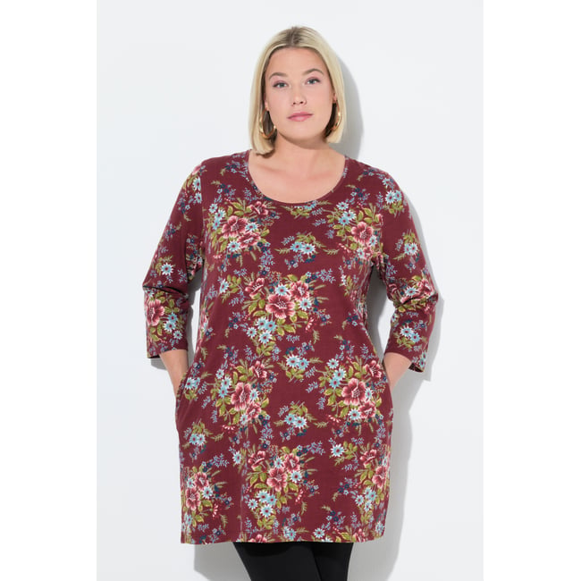 T-shirt long à fleurs bordeaux <span itemprop=