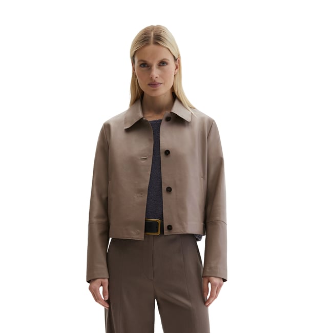 Veste en cuir fitted en cuir nappa d'agneau souple marron <span itemprop=