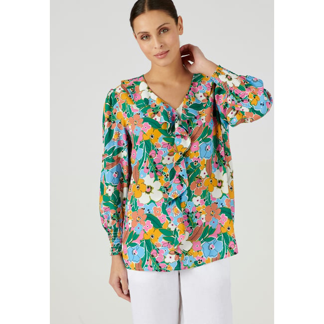 Blouse imprimée à volants multicolore imprimé grandes fleurs <span itemprop=