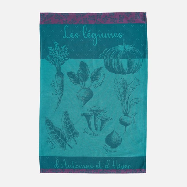 Torchon jacquard en coton POTAGER D'HIVER bleu <span itemprop=