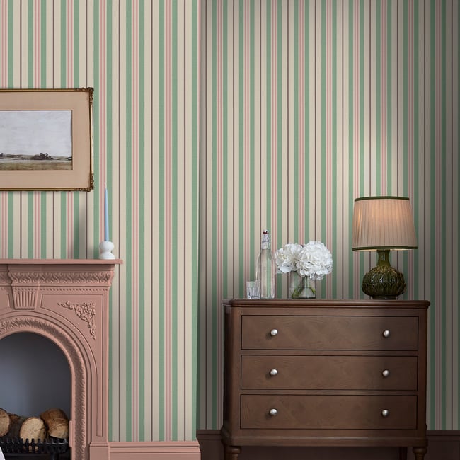 Papier peint Grandes rayures Couleur vert, rose, beige, marron <span itemprop=