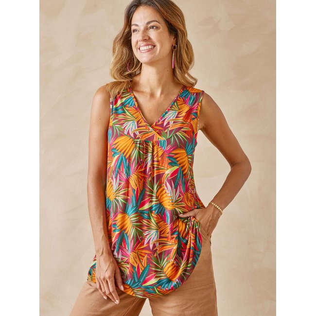 Tunique col V sans manches imprimé multicolore <span itemprop=