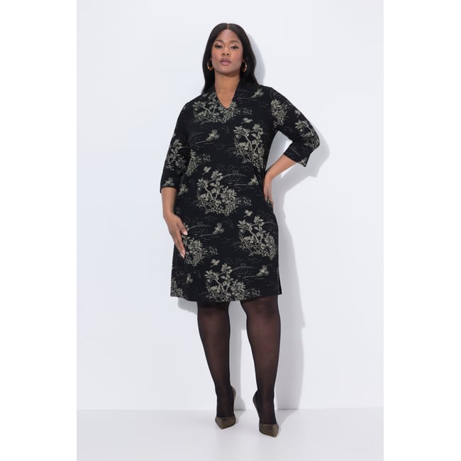 Robe jacquard évasée à col jabot et manches noir <span itemprop=