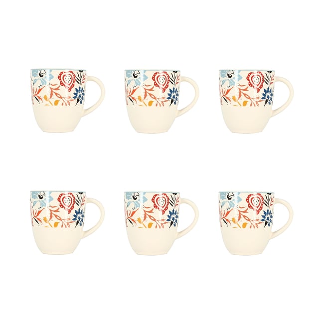 Lot de 6 mugs à motif floral en grès 35cl, JAIPUR Couleur beige-bleu-orange <span itemprop=