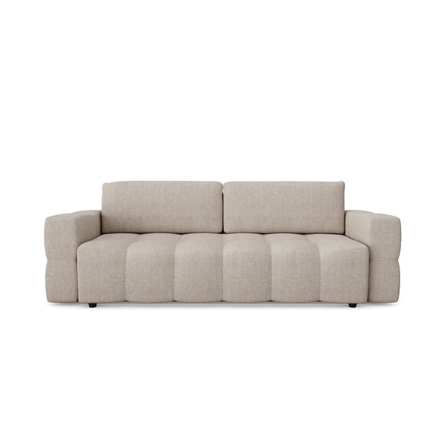 Canapé convertible coffre noyer 4 places en tissu bouclette GABRIEL Couleur beige <span itemprop=