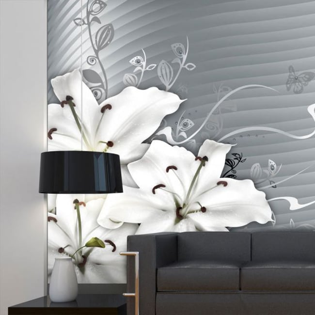 Papier peint intissé panoramique Fleurs Distance Couleur gris / argent <span itemprop=