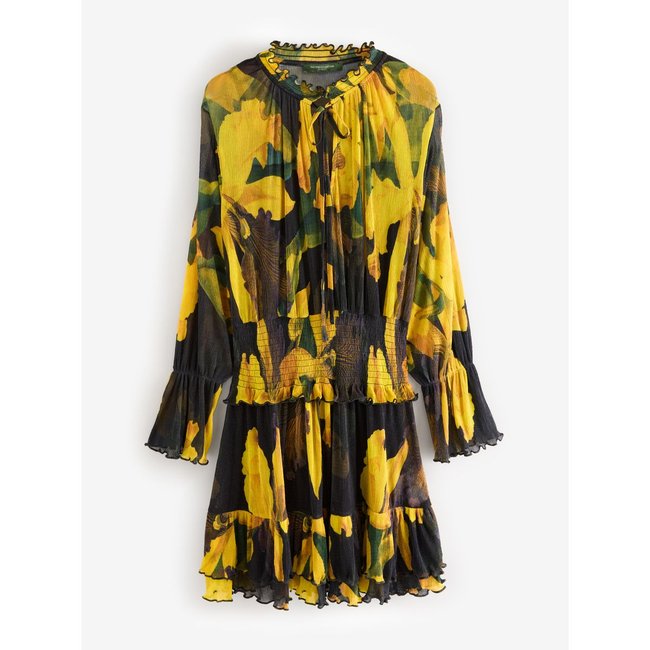 Robe courte en mesh florale imprimé floral jaune/noir <span itemprop=