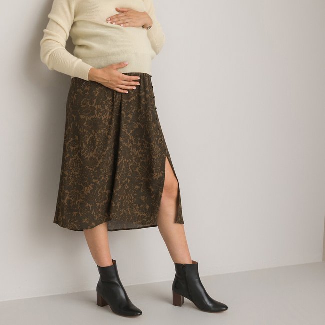 Maternity Mid-Length Skirt in Floral Print printed flower khaki background LA REDOUTE COLLECTIONS