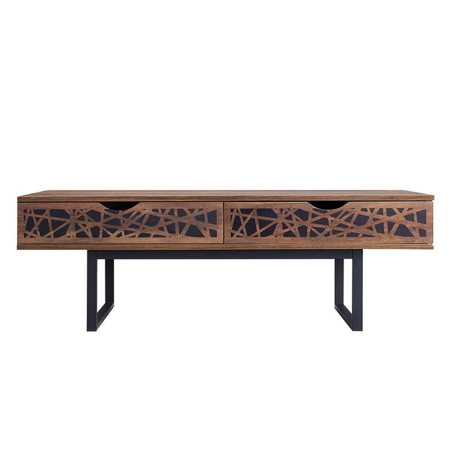 Table basse 2 tiroirs décor bois et motifs noirs L120 cm - Anaëlle Couleur bois foncé <span itemprop=