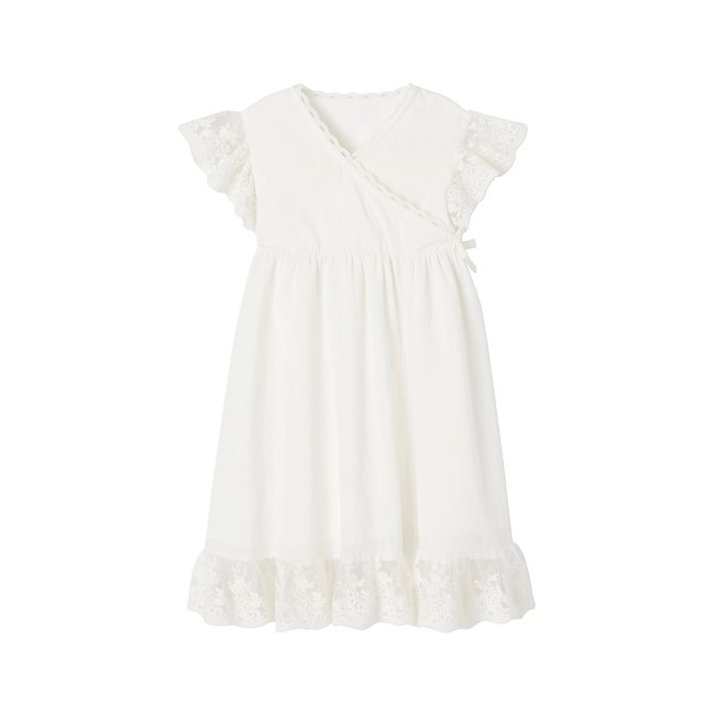 Robe cache-coeur cérémonie détails en tulle brodé blanc <span itemprop=