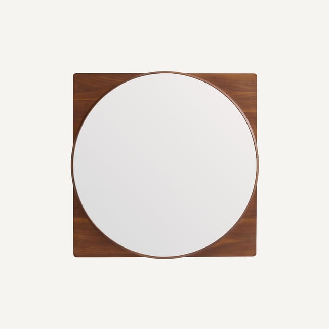 Miroir rond avec encadrement en noyer, hauteur 50 cm, NOTTERI Couleur noyer <span itemprop=