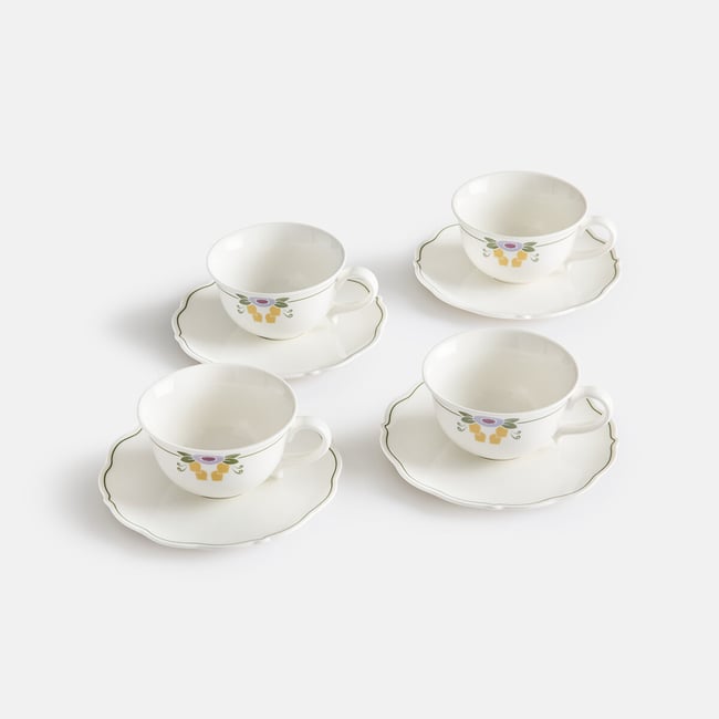 Juego de 4 tazas y platillos de porcelana con decoración floral, POPIE estampado floral <span itemprop=