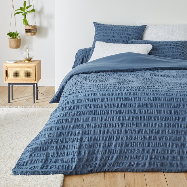 Housse de couette coton, Seersucker bleu denim <span itemprop=