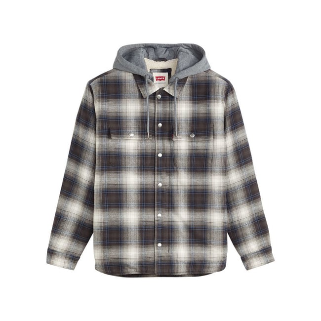 Surchemise en coton anthracite à motif écossais pourvue d'un col à capuche anthracite <span itemprop=