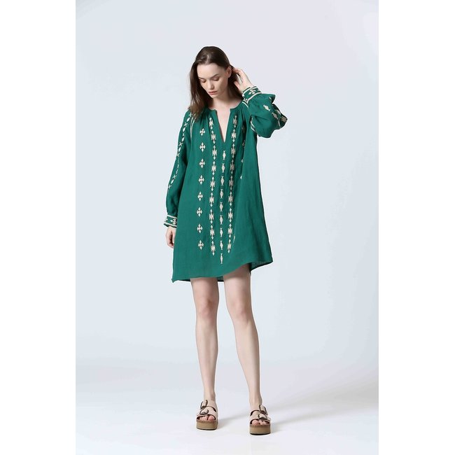 Vestido corto con bordado étnico verde oscuro <span itemprop=