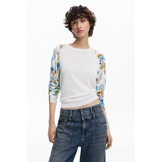 Pull manches fleurs blanc <span itemprop=