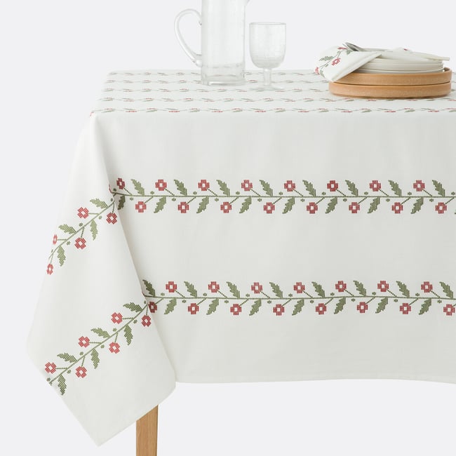 Nappe en coton lavé brodé, Auvray blanc <span itemprop=