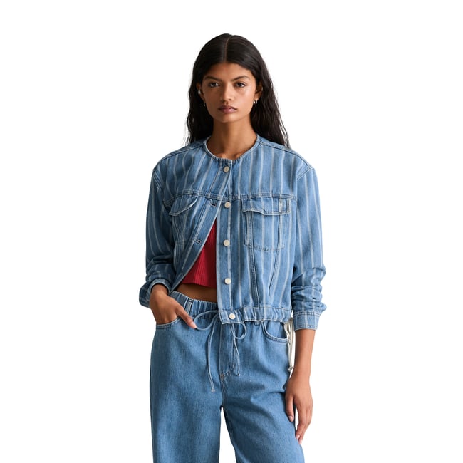 Veste en jean rayée, coupe carrée en pur coton bio bleu <span itemprop=