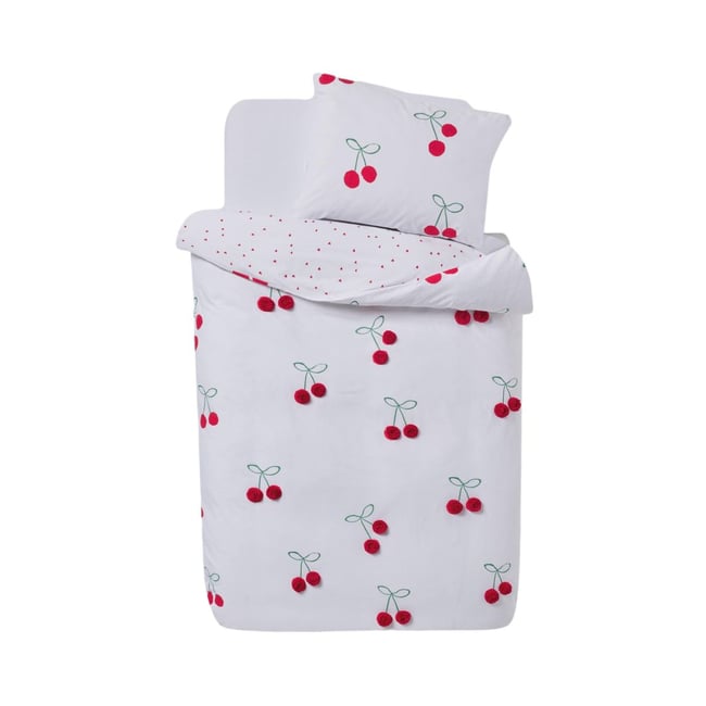 Housse de couette et taie en polycoton poms cerises rouges <span itemprop=