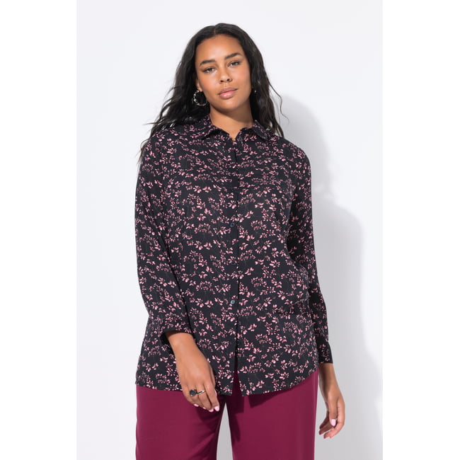 Chemisier coupe Boxy, imprimé floral intégral noir <span itemprop=