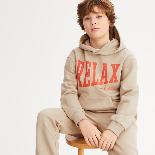 Sweat à capuche et à message en molleton beige <span itemprop=