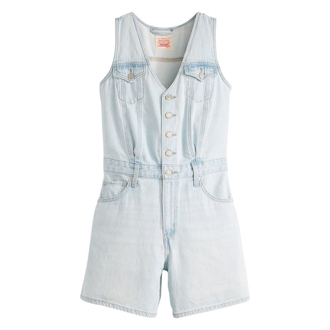 Combishort en coton bleue unie avec une coupe droite et un col v bleue <span itemprop=
