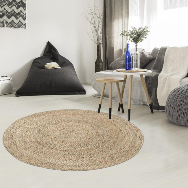 Tapis rond tissé en jute motif uni JUTERON Couleur beige <span itemprop=