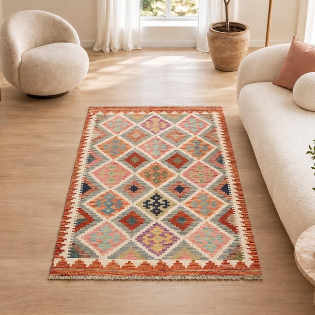 Tapis kilim au motif géométrique, tissage plat, KILIM 44 Couleur multicolore, bleu, rouge <span itemprop=