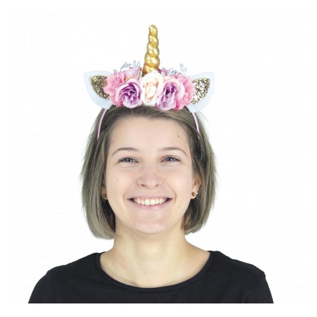 Serre tete Licorne paillette a fleurs jaune <span itemprop=