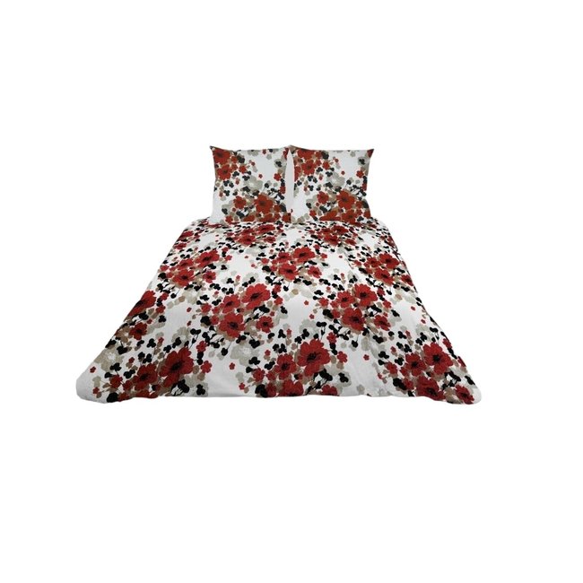 Couvre lit microfibre + taies fleur de pavot rouge <span itemprop=