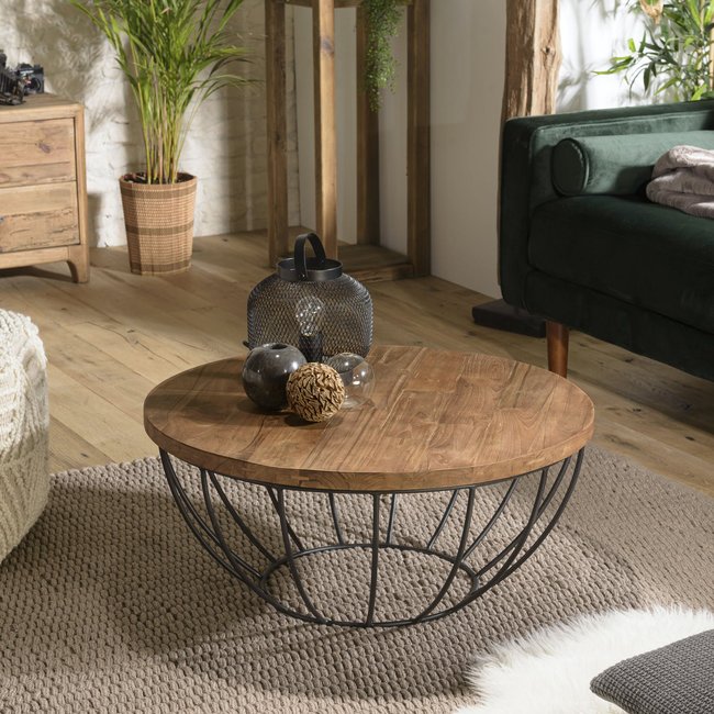 Table basse ronde contemporaine bois recyclé teck structure filaire métal noir 80cm SWING Couleur bois naturel <span itemprop=