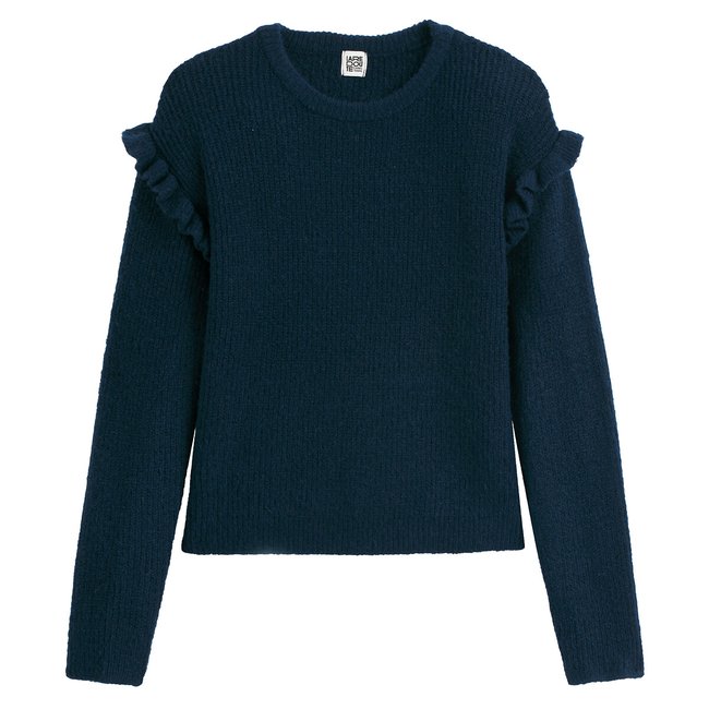 Fine Knit Ruffled Jumper/Sweater with Crew Neck navy blue LA REDOUTE COLLECTIONS