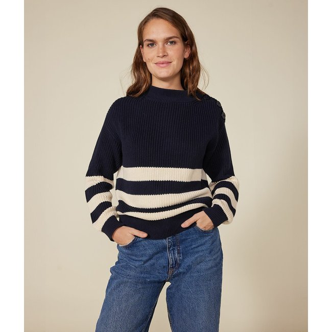 Pull col montant en grosse maille marine/écru <span itemprop=