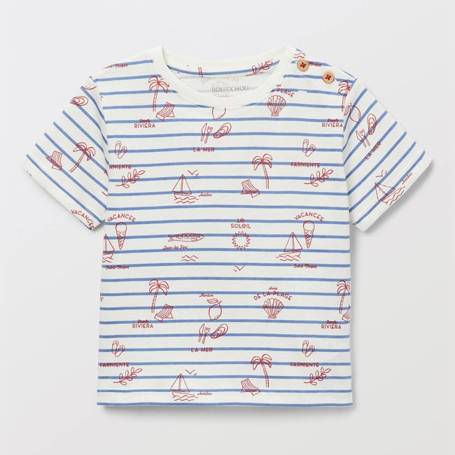 T-shirt manches courtes rayé et imprimé en coton BIO GOTS ecru <span itemprop=