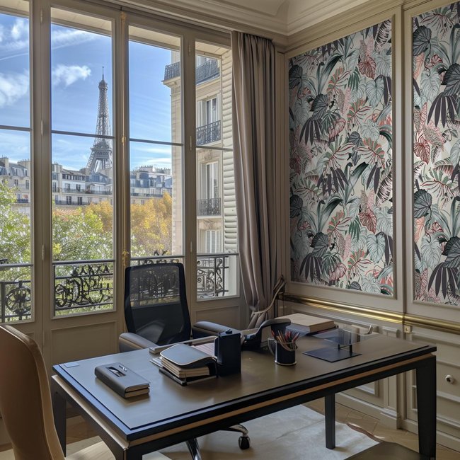 Papier peint botanique et moderne avec plantes et fleurs - 510x260 cm (l x h) Couleur beige <span itemprop=