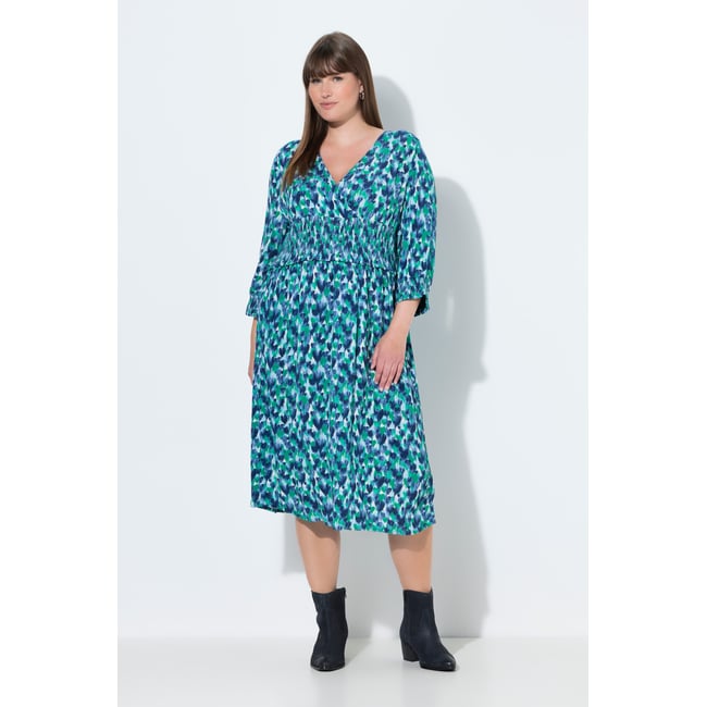 Robe midi effet cache-cœur, motif cœurs bleu ciel <span itemprop=